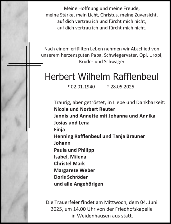 Traueranzeige von Herbert Wilhelm Rafflenbeul von Hinterländer Anzeiger