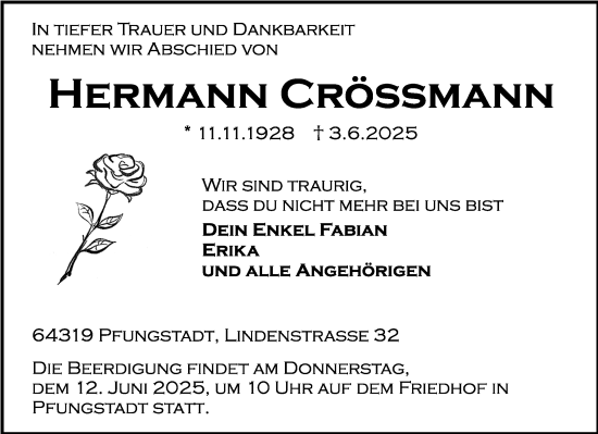 Traueranzeige von Hermann Crössmann von Darmstädter Echo