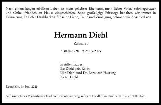 Traueranzeige von Hermann Diehl von Rüsselsheimer Echo