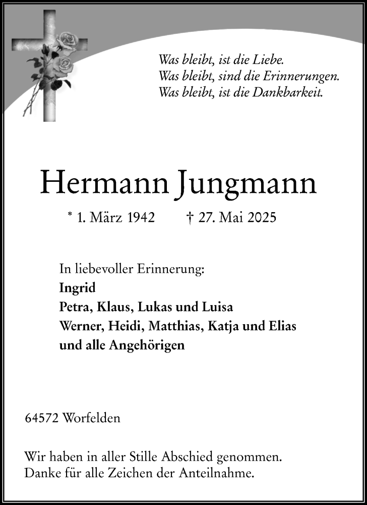  Traueranzeige für Hermann Jungmann vom 14.06.2025 aus Groß-Gerauer Echo