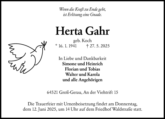 Traueranzeige von Herta Gahr von Groß-Gerauer Echo
