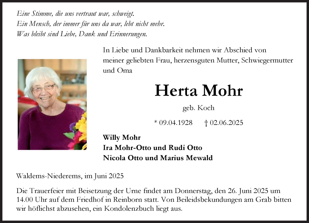 Traueranzeige für Herta Mohr vom 20.06.2025 aus Camberger Anzeiger