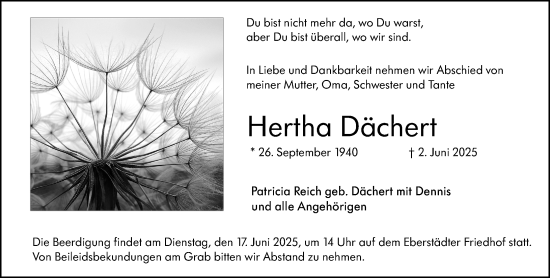 Traueranzeige von Hertha Dächert von Darmstädter Echo