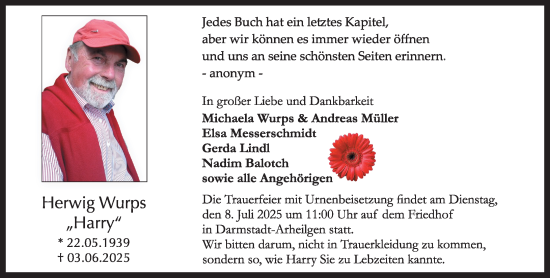 Traueranzeige von Herwig Wurps von Darmstädter Echo