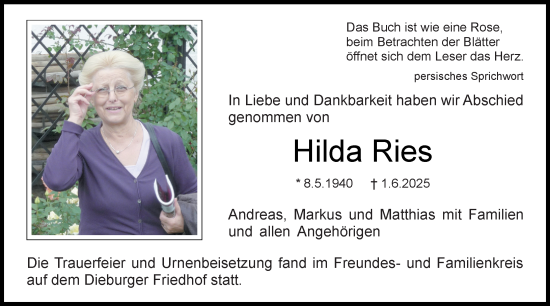 Traueranzeige von Hilda Ries von Dieburger Anzeiger/Groß-Zimmerner Lokal-Anzeiger