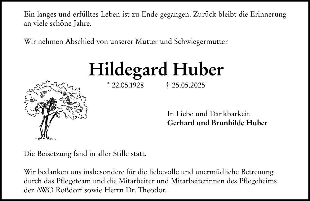  Traueranzeige für Hildegard Huber vom 21.06.2025 aus Darmstädter Echo