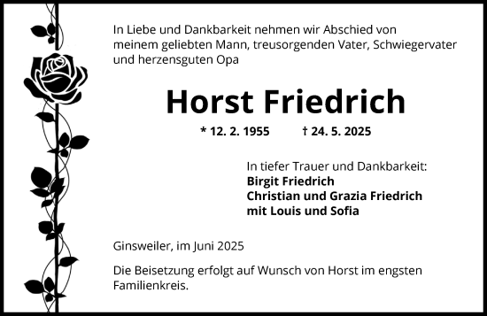 Traueranzeige von Horst Friedrich von Allgemeine Zeitung Mainz