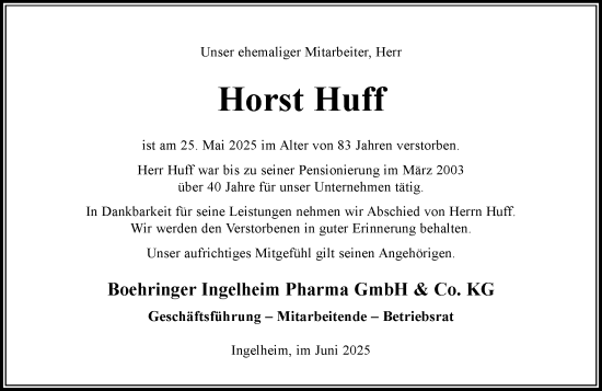 Traueranzeige von Horst Huff von Allgemeine Zeitung Rheinhessen-Nahe