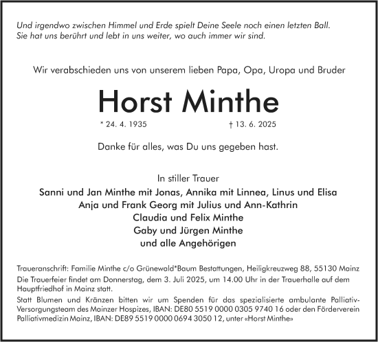 Traueranzeige von Horst Minthe von Allgemeine Zeitung Mainz