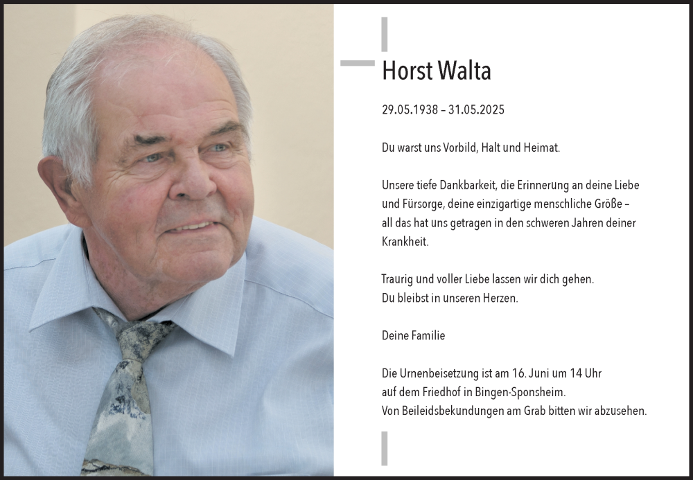  Traueranzeige für Horst Walta vom 14.06.2025 aus Binger-/Ingelheimer Wochenblatt