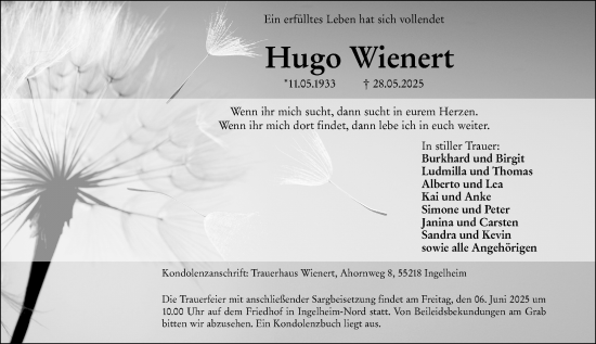 Traueranzeige von Hugo Wienert von Allgemeine Zeitung Rheinhessen-Nahe