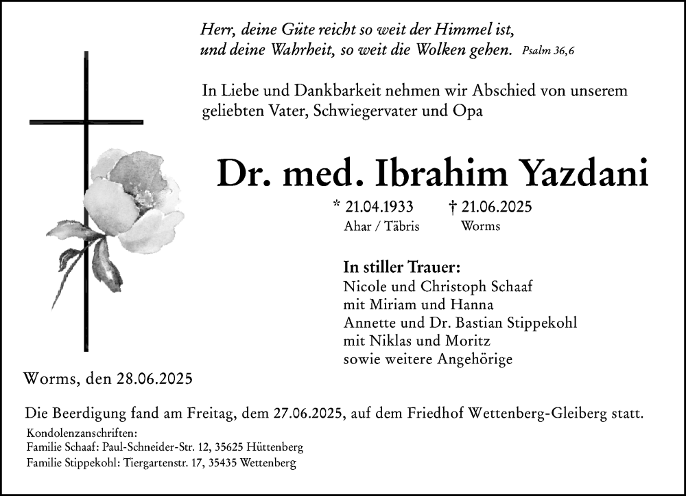  Traueranzeige für Ibrahim Yazdani vom 28.06.2025 aus Wormser Zeitung