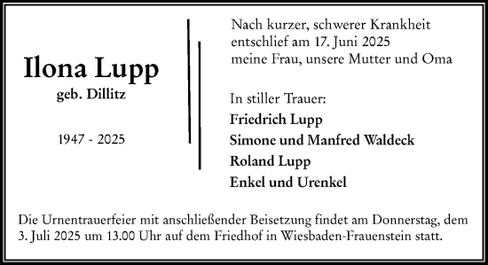 Traueranzeige von Ilona Lupp von Wiesbadener Kurier