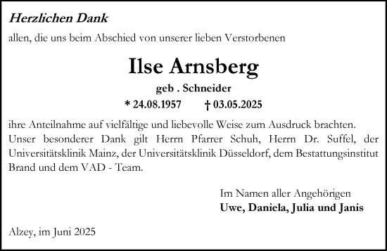 Traueranzeige von Ilse Arnsberg von Allgemeine Zeitung Alzey