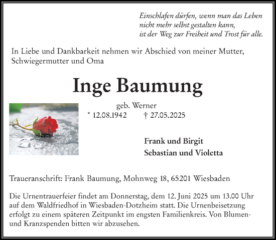 Traueranzeige von Inge Baumung von Rüsselsheimer Echo