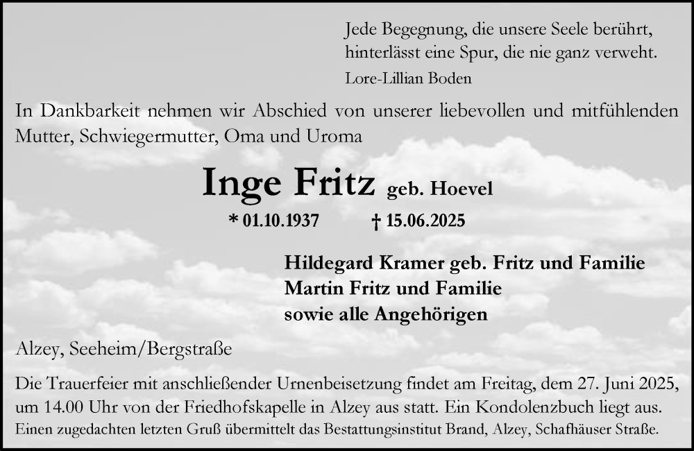  Traueranzeige für Inge Fritz vom 21.06.2025 aus Allgemeine Zeitung Alzey