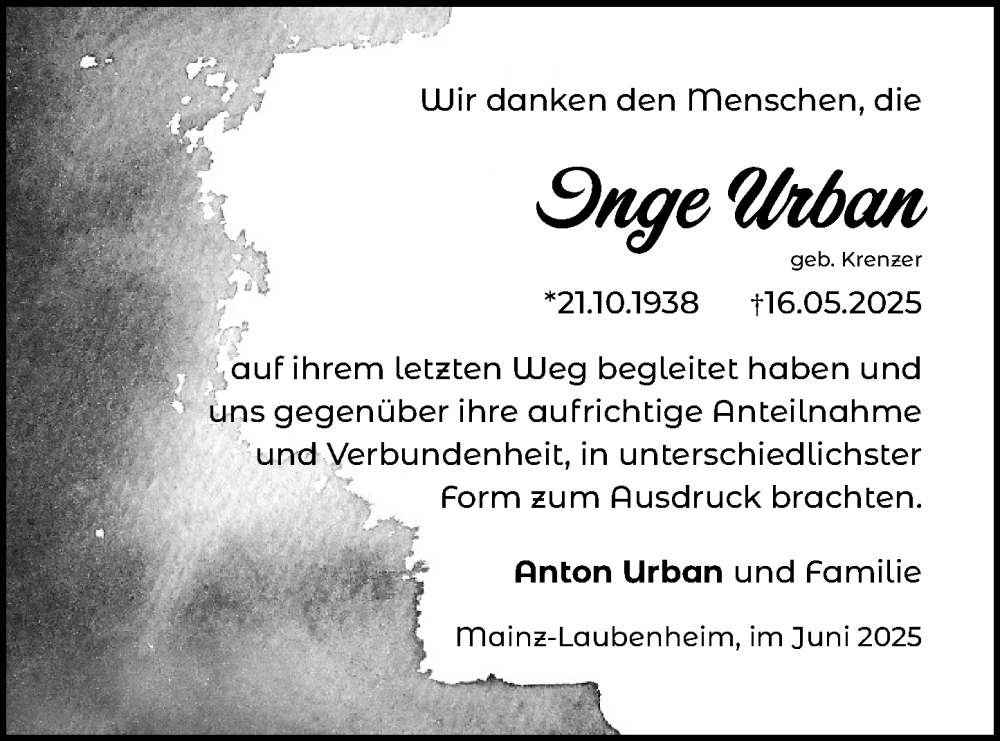  Traueranzeige für Inge Urban vom 14.06.2025 aus Allgemeine Zeitung Mainz