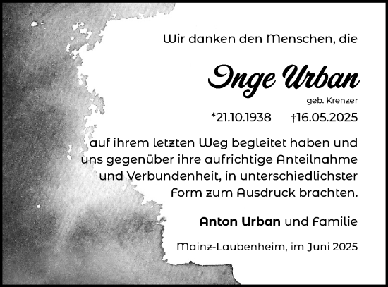 Traueranzeige von Inge Urban von Allgemeine Zeitung Mainz
