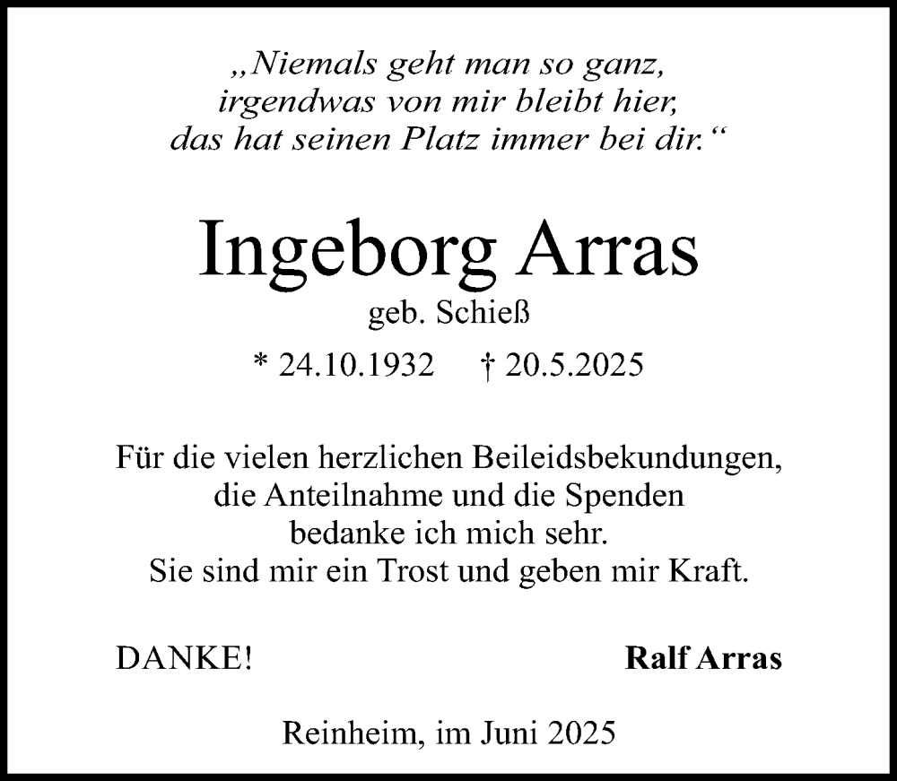  Traueranzeige für Ingeborg Arras vom 21.06.2025 aus Darmstädter Echo