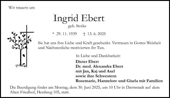 Traueranzeige von Ingrid Ebert von Darmstädter Echo