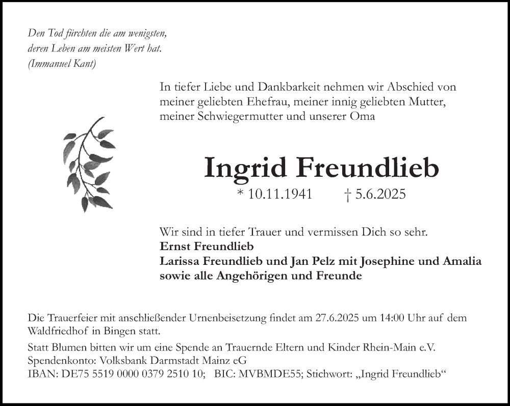  Traueranzeige für Ingrid Freundlieb vom 14.06.2025 aus Allgemeine Zeitung Rheinhessen-Nahe
