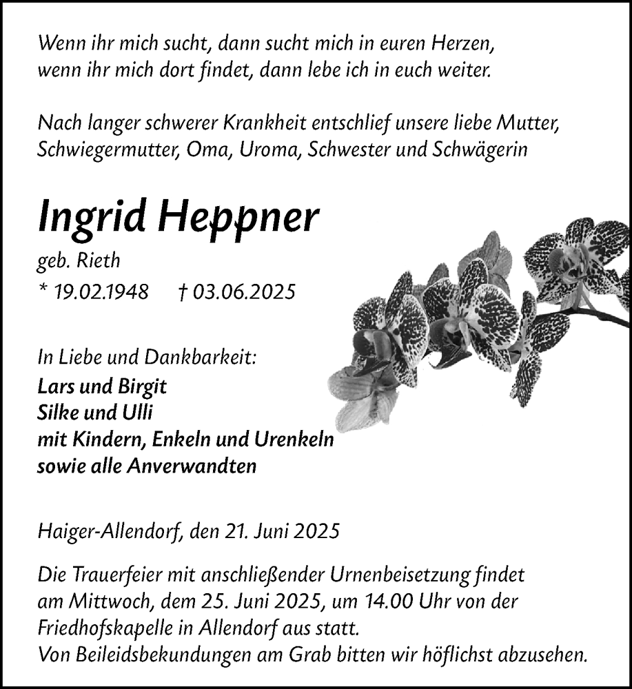  Traueranzeige für Ingrid Heppner vom 21.06.2025 aus Dill Block