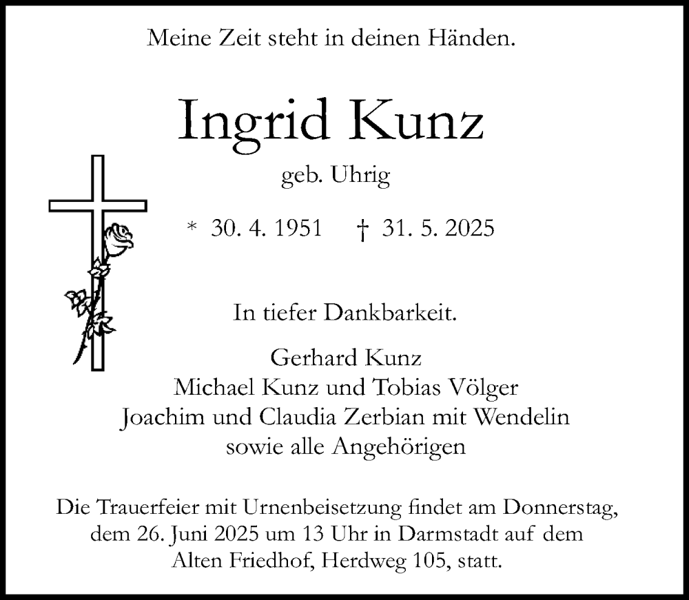  Traueranzeige für Ingrid Kunz vom 24.06.2025 aus Darmstädter Echo
