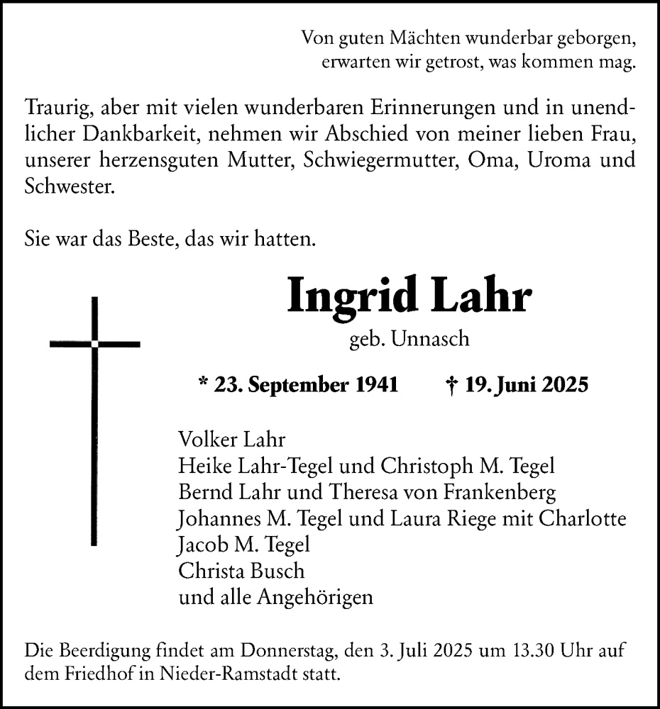  Traueranzeige für Ingrid Lahr vom 21.06.2025 aus Darmstädter Echo