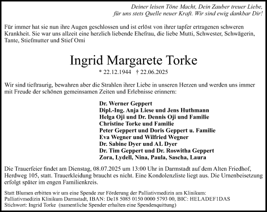 Traueranzeige von Ingrid Margarete Torke von Darmstädter Echo