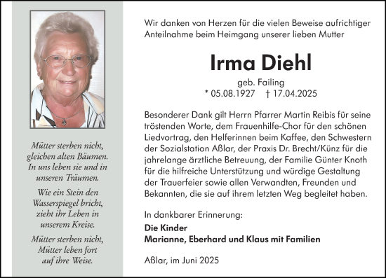 Traueranzeige von Irma Diehl von Wetzlarer Neue Zeitung