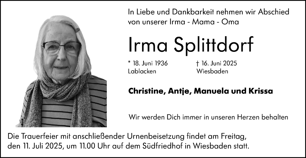  Traueranzeige für Irma Splittdorf vom 28.06.2025 aus Wiesbadener Kurier