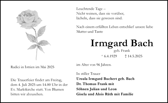 Traueranzeige von Irmgard Bach von Wiesbadener Kurier