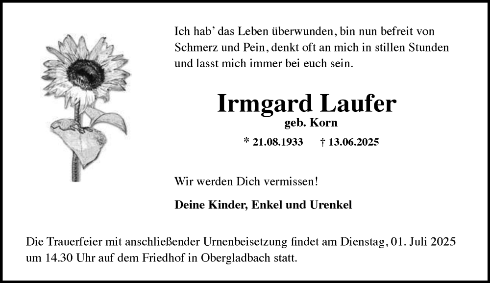  Traueranzeige für Irmgard Laufer vom 21.06.2025 aus Wiesbadener Kurier