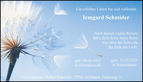 Traueranzeige von Irmgard Schmider von Rüsselsheimer Echo