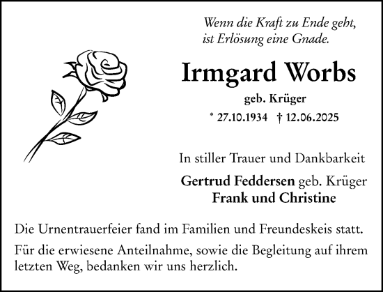 Traueranzeige von Irmgard Worbs von Wiesbadener Kurier