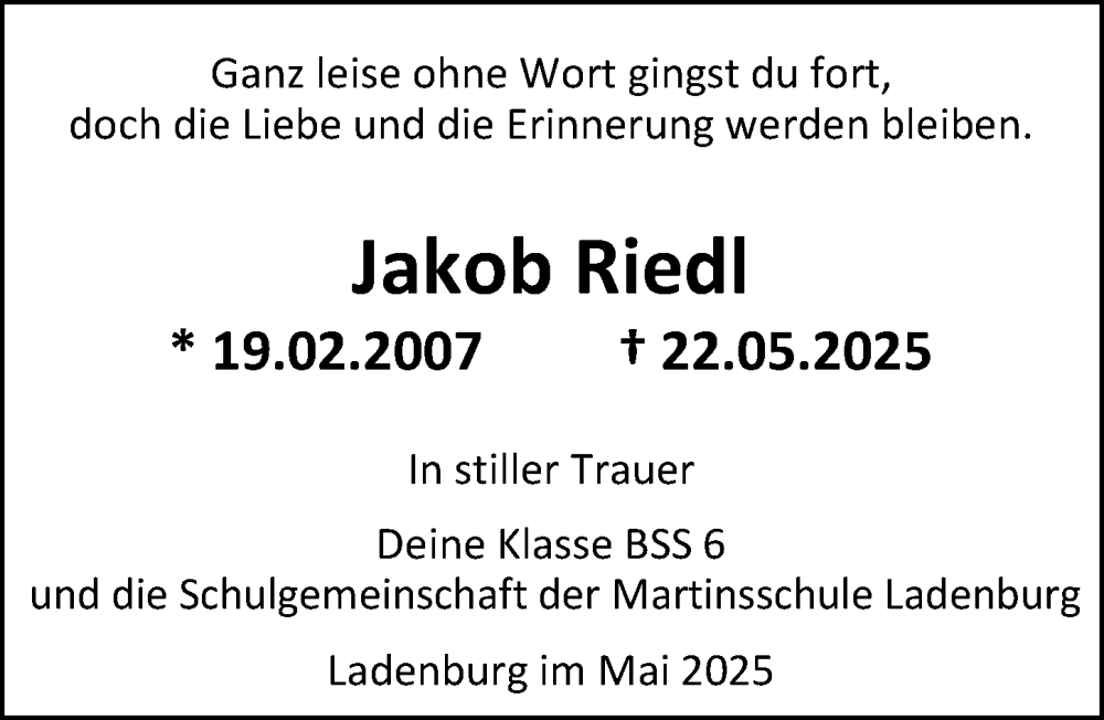  Traueranzeige für Jakob Riedl vom 04.06.2025 aus Starkenburger Echo