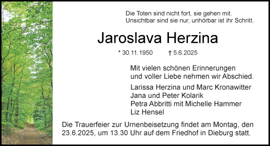 Traueranzeige von Jaroslava Herzina von Dieburger Anzeiger/Groß-Zimmerner Lokal-Anzeiger