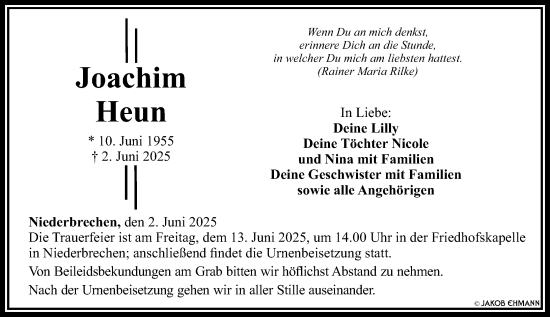 Traueranzeige von Joachim Heun von Camberger Anzeiger
