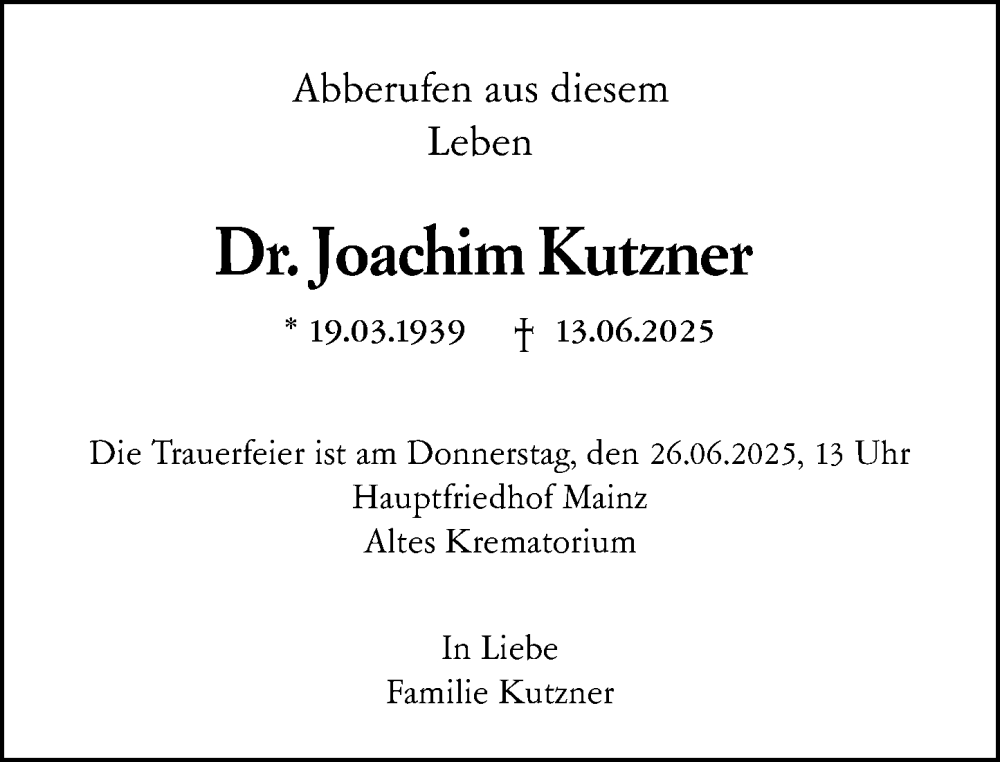  Traueranzeige für Joachim Kutzner vom 21.06.2025 aus Allgemeine Zeitung Mainz