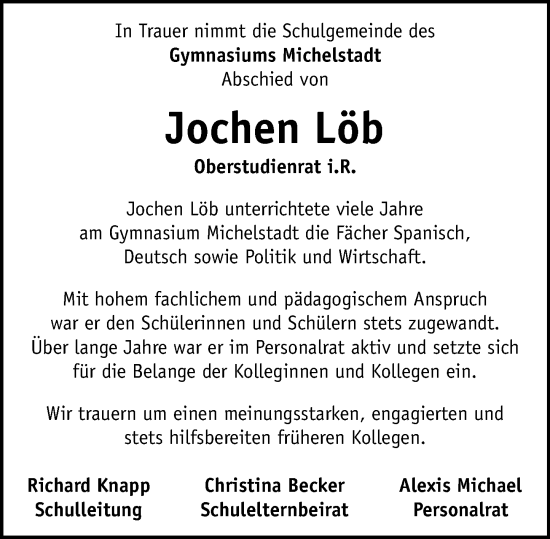 Traueranzeige von Jochen Löb von Odenwälder Echo