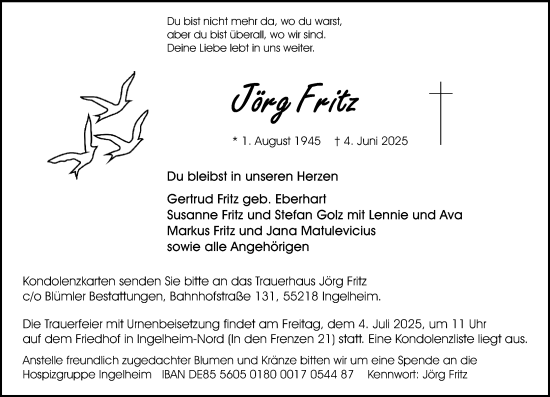 Traueranzeige von Jörg Fritz von Allgemeine Zeitung Rheinhessen-Nahe