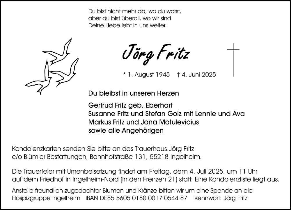  Traueranzeige für Jörg Fritz vom 21.06.2025 aus Allgemeine Zeitung Rheinhessen-Nahe