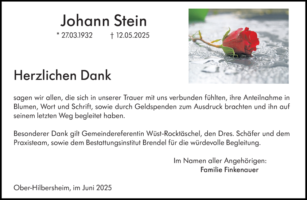  Traueranzeige für Johann Stein vom 14.06.2025 aus Allgemeine Zeitung Rheinhessen-Nahe