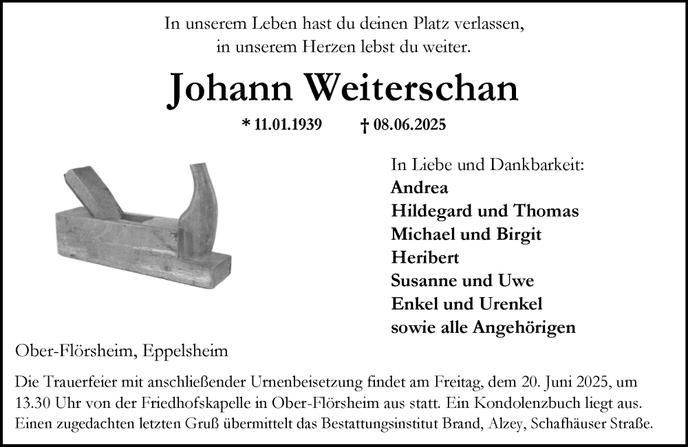  Traueranzeige für Johann Weiterschan vom 14.06.2025 aus Allgemeine Zeitung Alzey