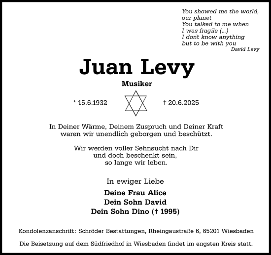 Traueranzeige von Juan Levy von Wiesbadener Kurier