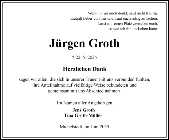 Traueranzeige von Jürgen Groth von Odenwälder Echo