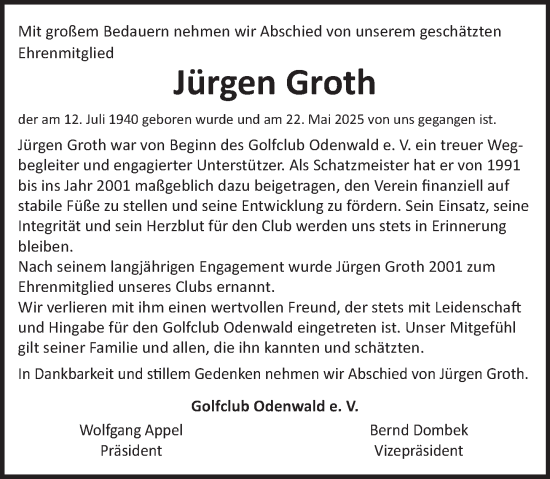 Traueranzeige von Jürgen Groth von Odenwälder Echo