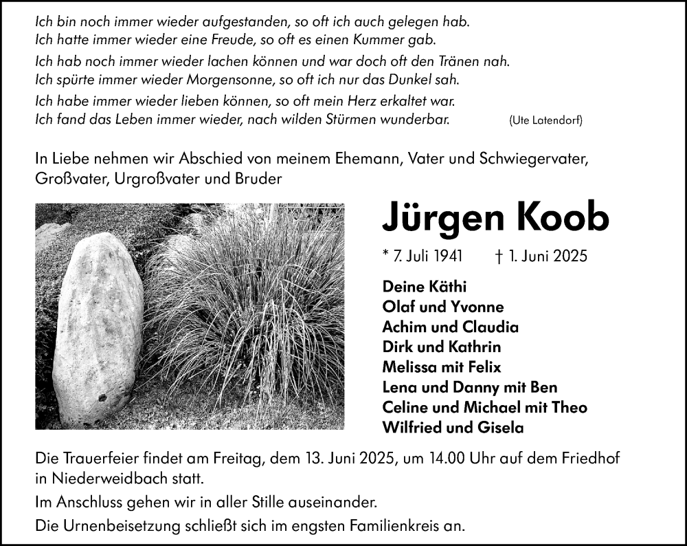  Traueranzeige für Jürgen Koob vom 11.06.2025 aus Wetzlarer Neue Zeitung