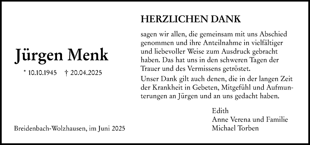  Traueranzeige für Jürgen Menk vom 28.06.2025 aus Hinterländer Anzeiger