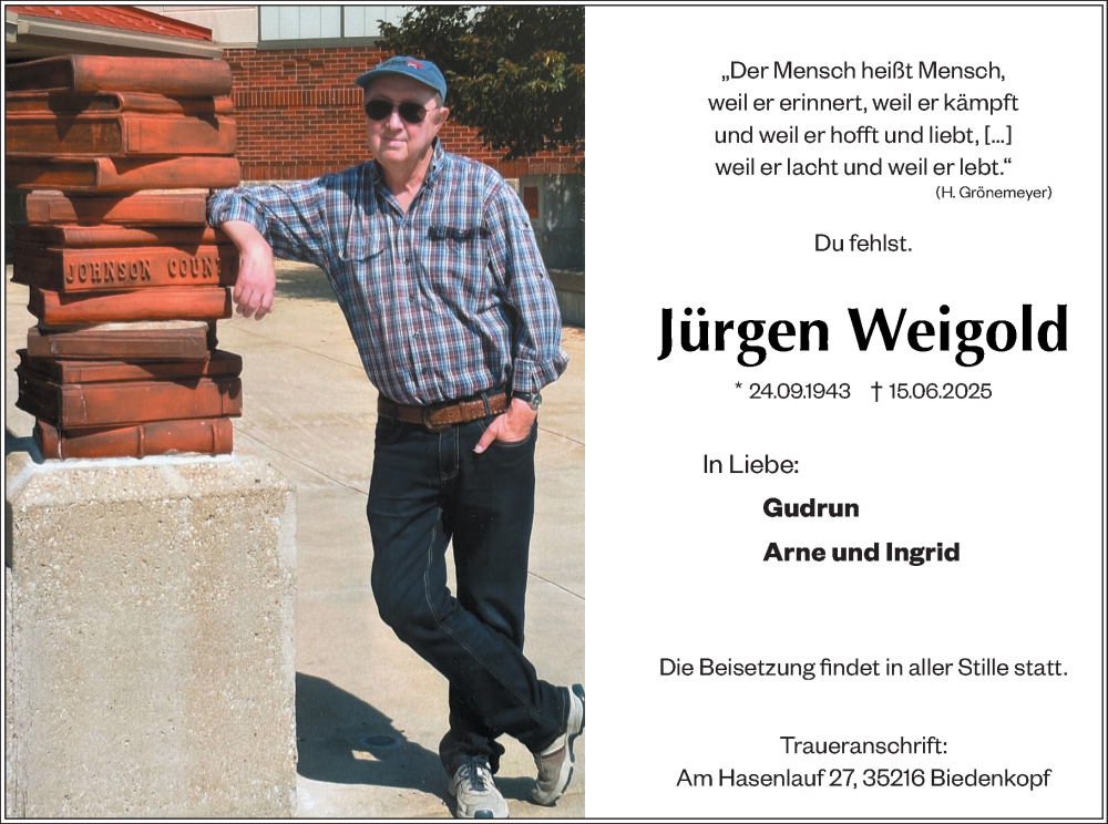  Traueranzeige für Jürgen Weigold vom 27.06.2025 aus Hinterländer Anzeiger